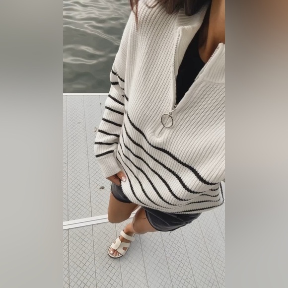 Striped White Black Knit Sweater Quarter Zip Relaxed Fit Sailor Minimalist Cozy - Picture 4 of 10